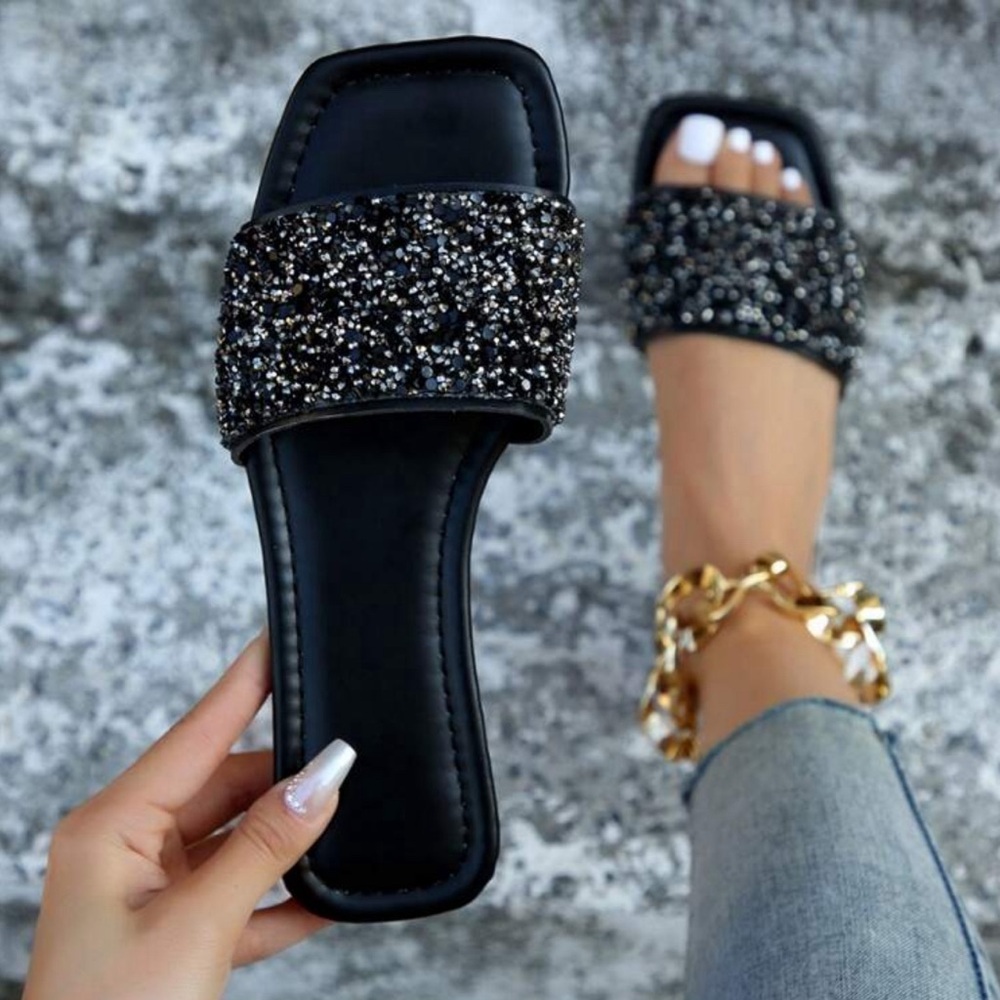 New. Elegant Black Beaded Women's Casual Slide Sandals– Comfortable
